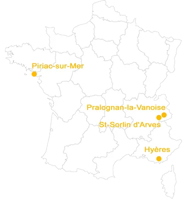 Carte de France avec les 4 destinations de l'ANAE : Pirias-sur-mer, Pralognan-la-Valoise, St-Sorlin d'Arves, Hyères